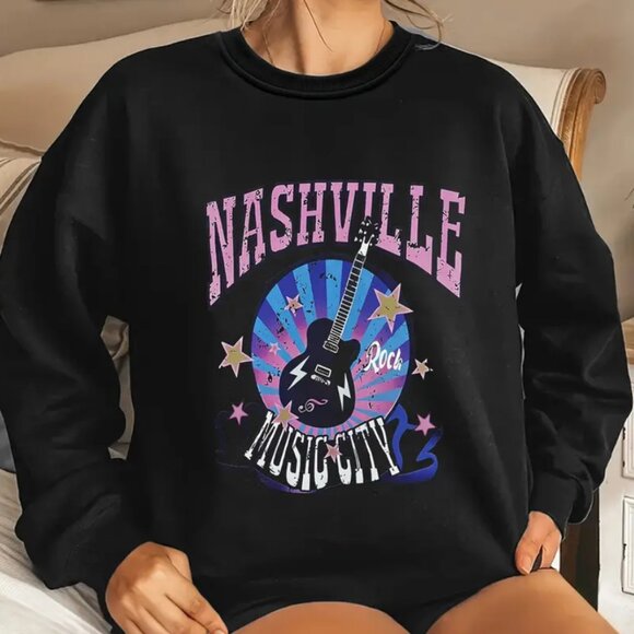 Sweaters - Nashville Music City Print Sweatshirt, Casual Long Sleeve Crew Neck Sweatshirt